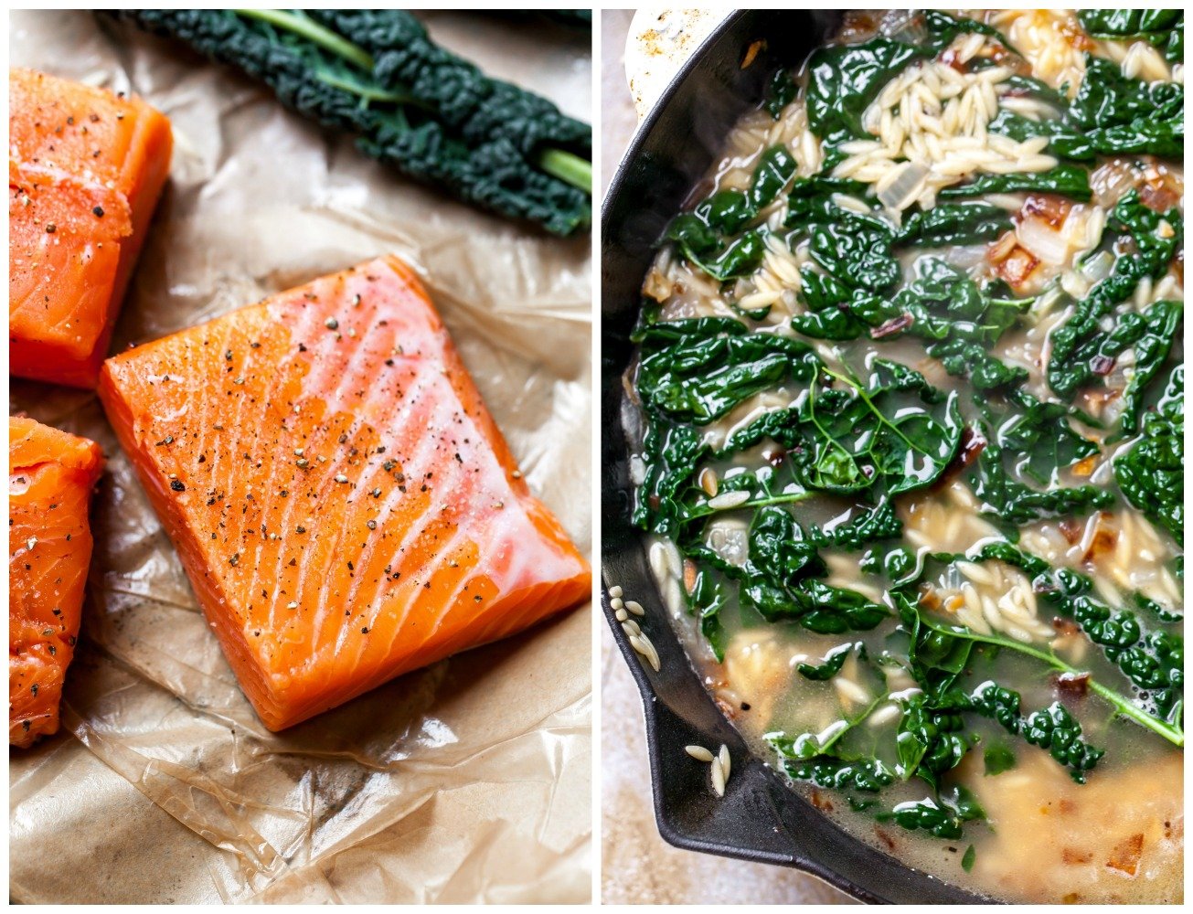 In-process view of seasoned salmon and orzo in a skillet