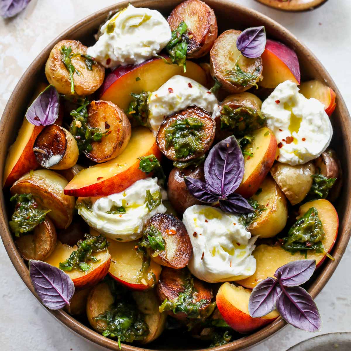 Crispy Potato and Peach Salad with Charred Scallion Dressing-image