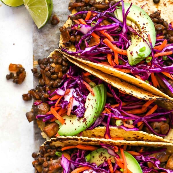 Lentil and mushroom tacos topped with cabbage slaw