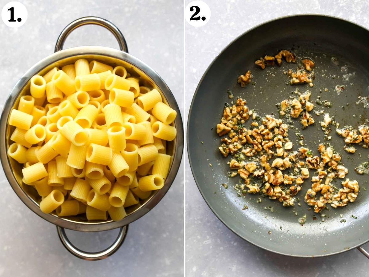 Rigatoni being drained in a colander, and walnut-sage mixture being sautéed in a skillet.