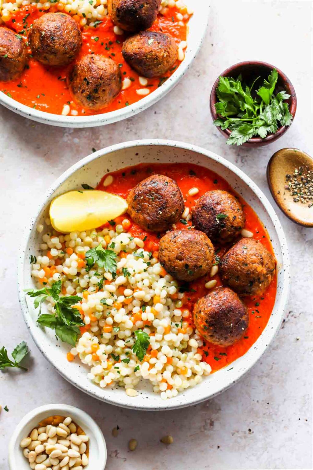 Moroccan Lentil Meatballs with Roasted Red Pepper Sauce Dishing Out
