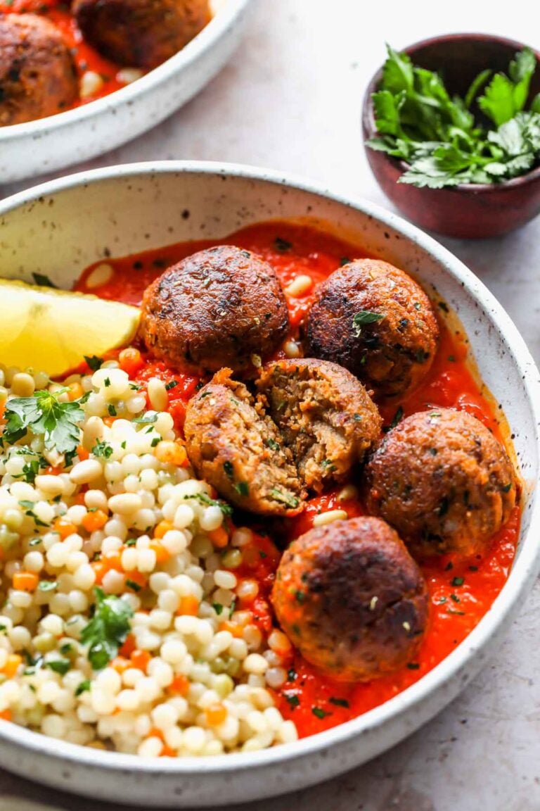 Moroccan Lentil Meatballs with Roasted Red Pepper Sauce Dishing Out