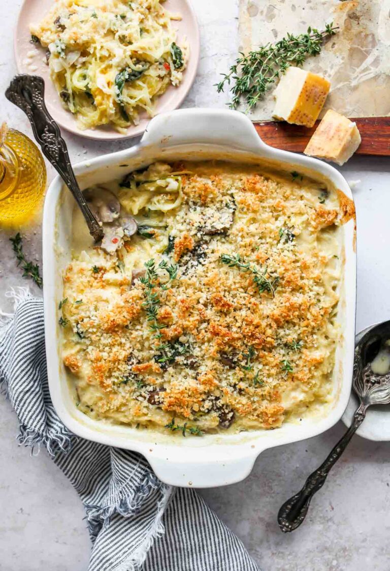 Spaghetti Squash Casserole with Mushrooms and Goat Cheese