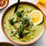 Creamy Caramelized Broccoli Soup with chili flakes and lemon