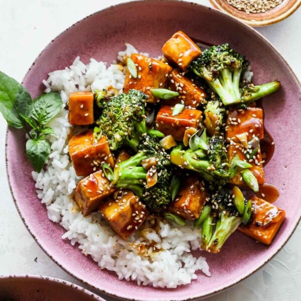Teriyaki tofu and broccoli with rice and sesame seeds