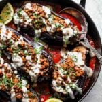 Lentil Stuffed Eggplant with Cardamom Sauce and Tahini Drizzle
