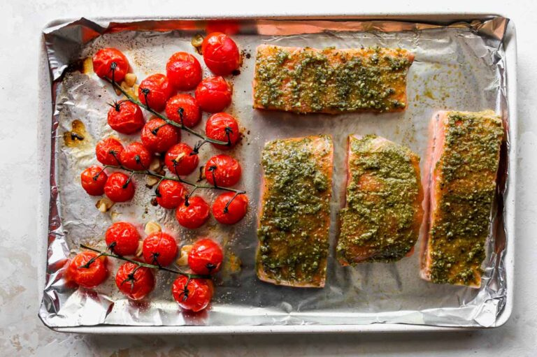 Pesto Salmon with Roasted Tomato Orzo Dishing Out Health