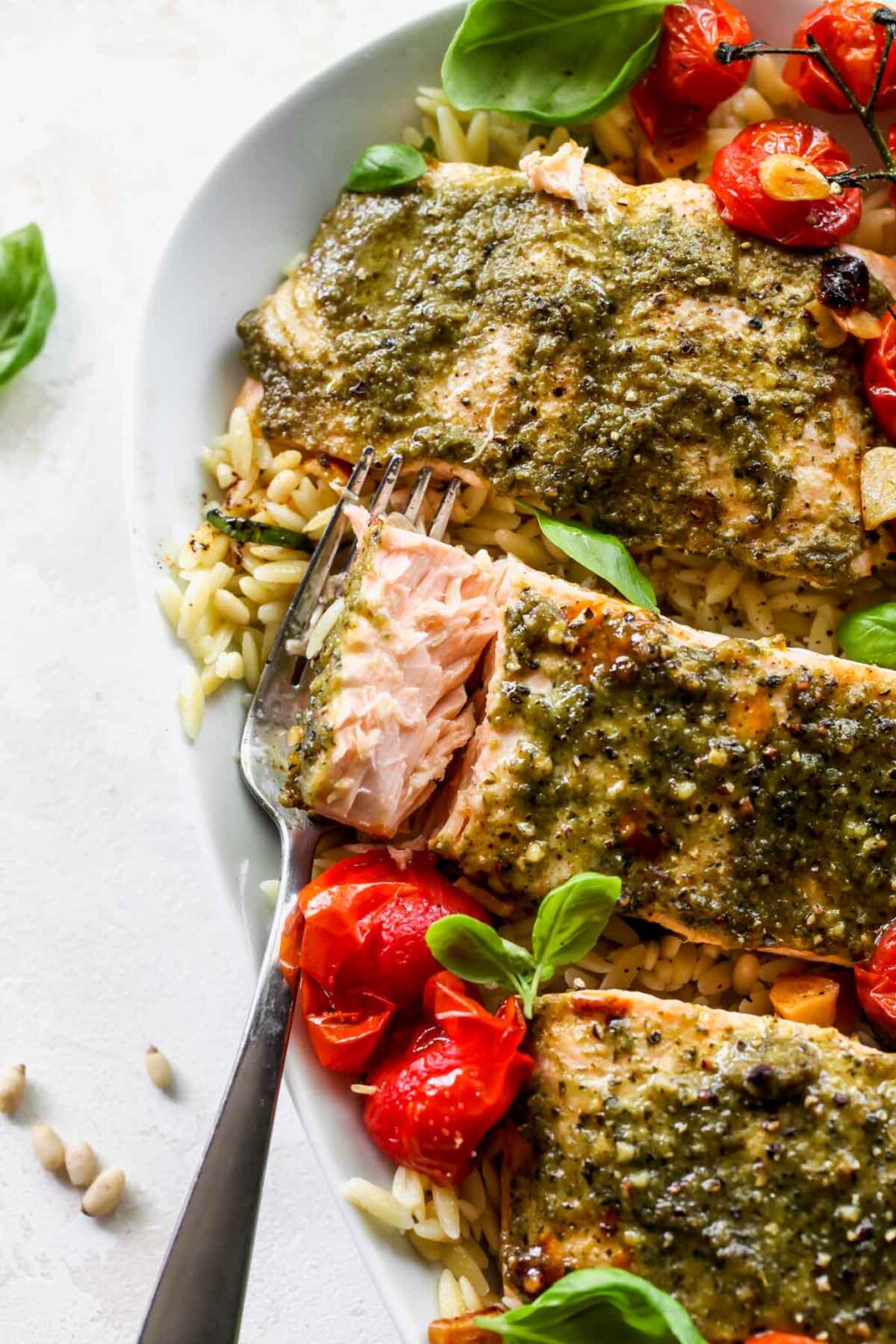 Pesto Salmon with Roasted Tomato Orzo Dishing Out Health