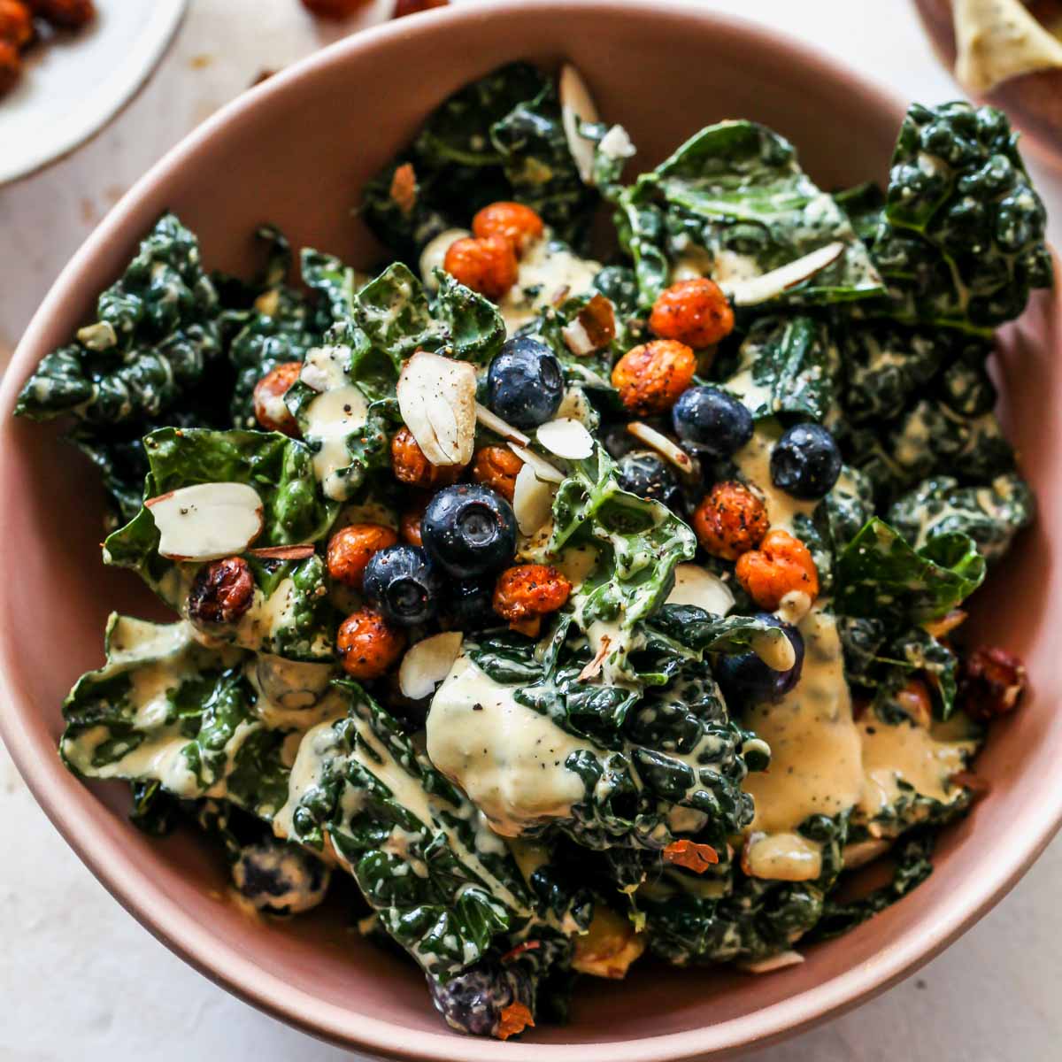 Blueberry Kale Caesar Salad with Smoky Chickpeas (Vegan) Dishing Out