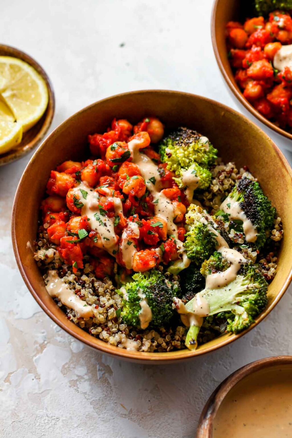 Harissa Chickpea and Broccoli Bowls with Creamy Garlic Sauce Dishing
