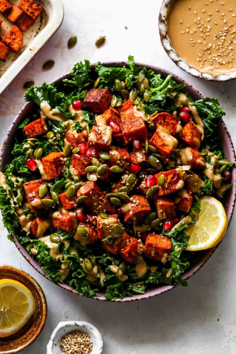 Sweet Potato Kale Salad with Almond Butter Dressing Dishing Out Health