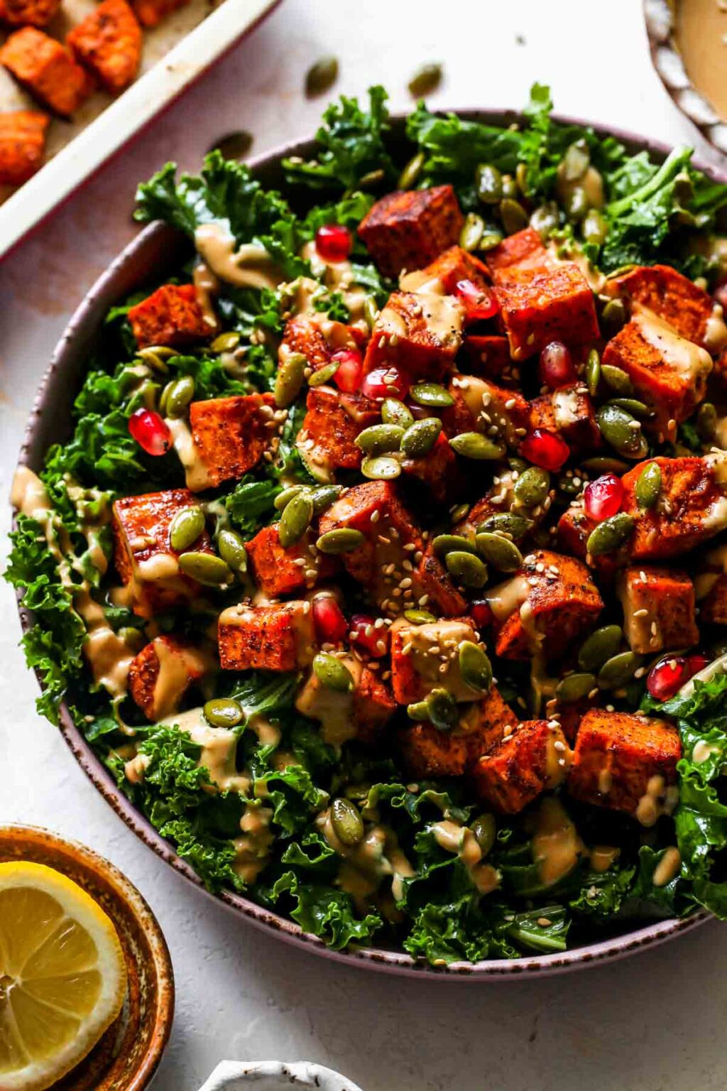 Sweet Potato Kale Salad with Almond Butter Dressing Dishing Out Health