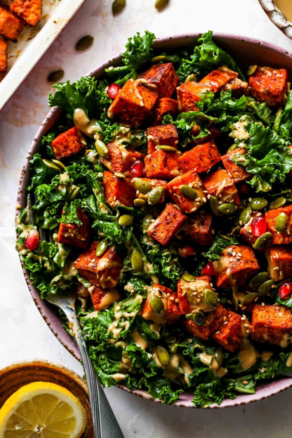 Sweet Potato Kale Salad with Almond Butter Dressing Dishing Out Health
