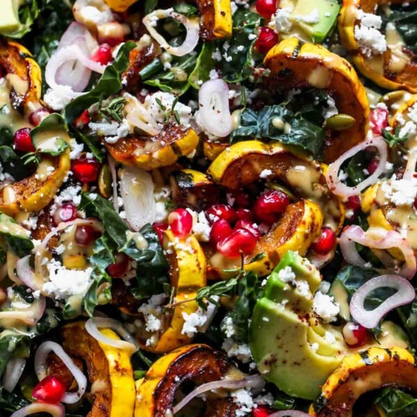 Delicata Squash Salad tossed with maple mustard dressing.