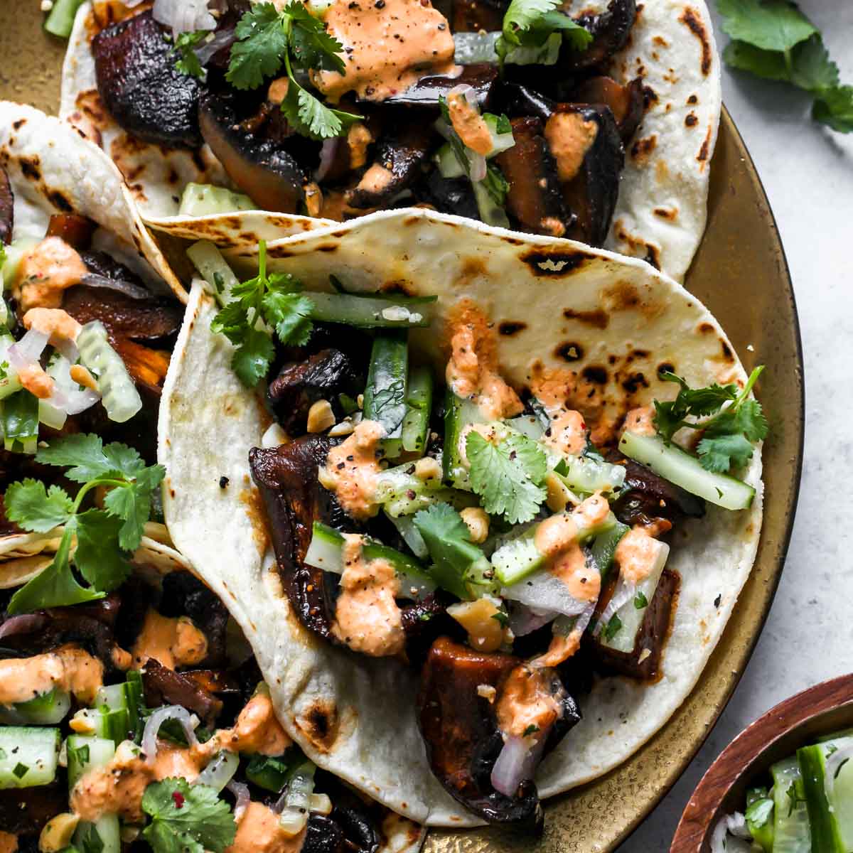 Korean Eggplant and Mushroom Tacos with Kimchi Cream Dishing Out Health