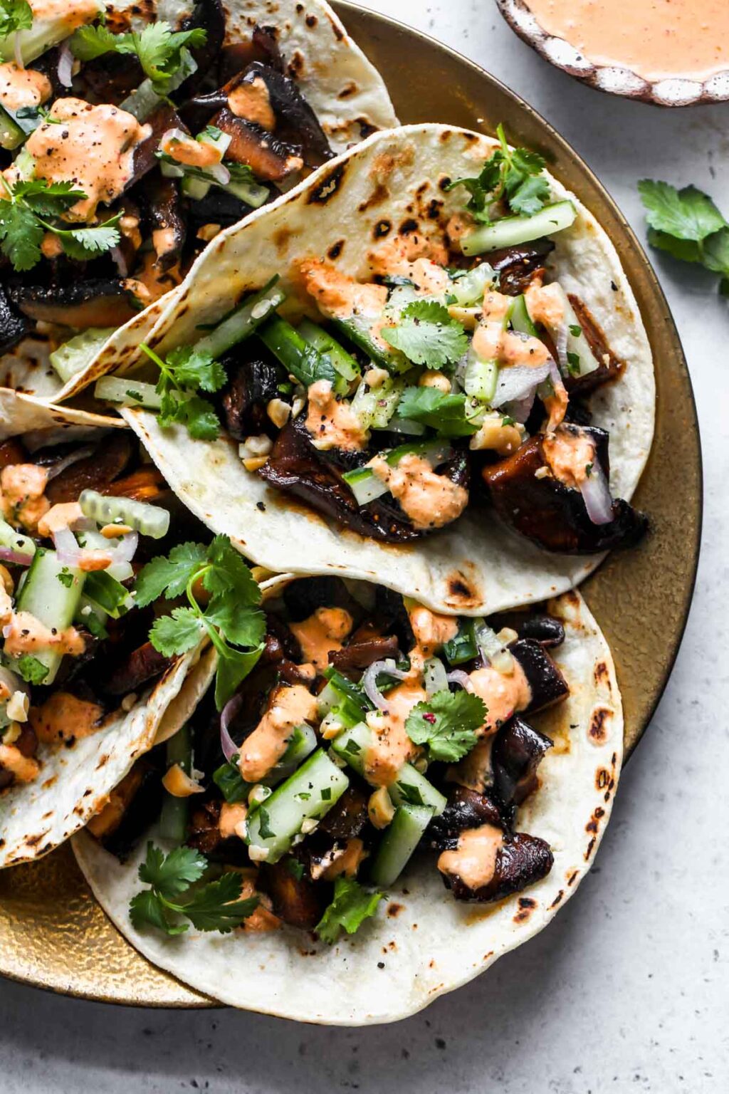 Korean Eggplant and Mushroom Tacos with Kimchi Cream Dishing Out Health