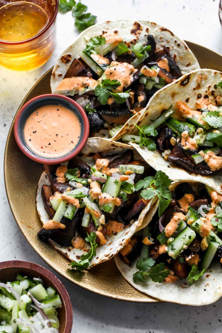 Korean Eggplant and Mushroom Tacos with Kimchi Cream Dishing Out Health