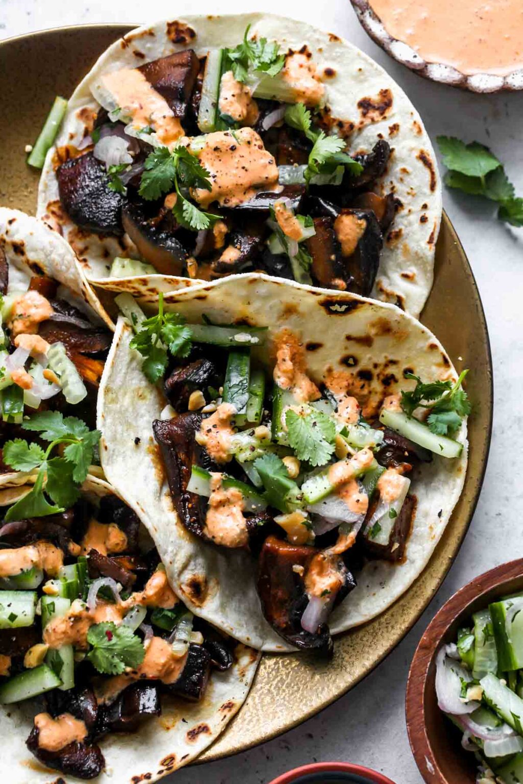 Korean Eggplant and Mushroom Tacos with Kimchi Cream Dishing Out Health