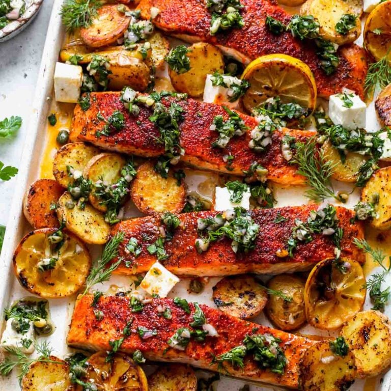 Sheet Pan Salmon and Potatoes with Caper Chimichurri Dishing Out Health