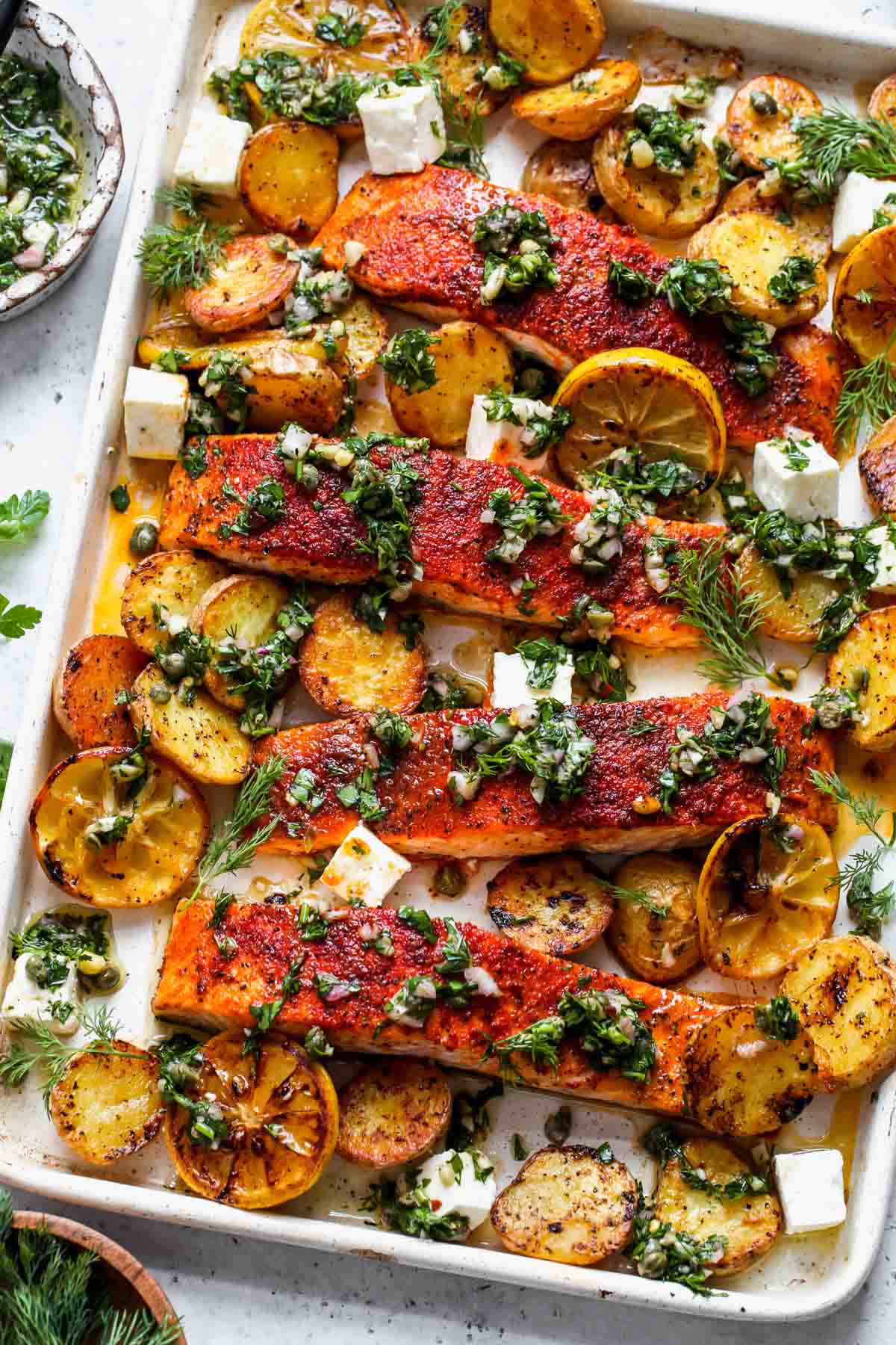 Sheet Pan Salmon And Potatoes With Caper Chimichurri Dishing Out Health