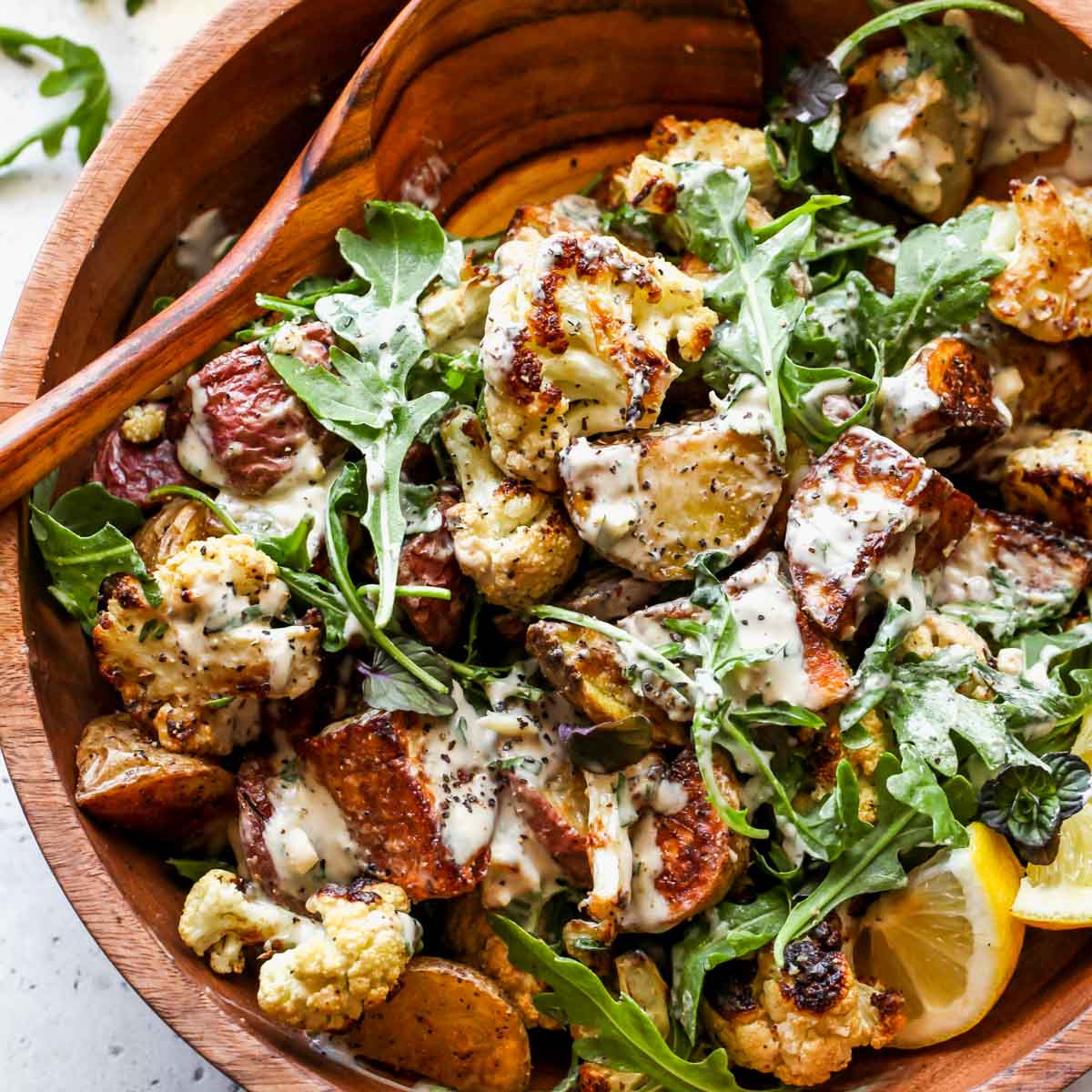 Roasted Cauliflower and Potato Salad with Tarragon Tahini Dishing Out