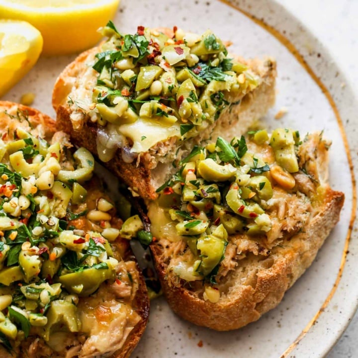 Cheesy Tuna Toasts with Olive Salsa Dishing Out Health