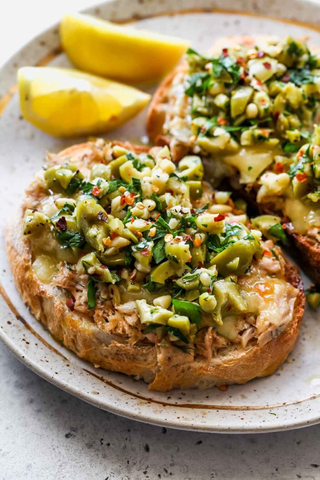 Cheesy Tuna Toasts with Olive Salsa Dishing Out Health