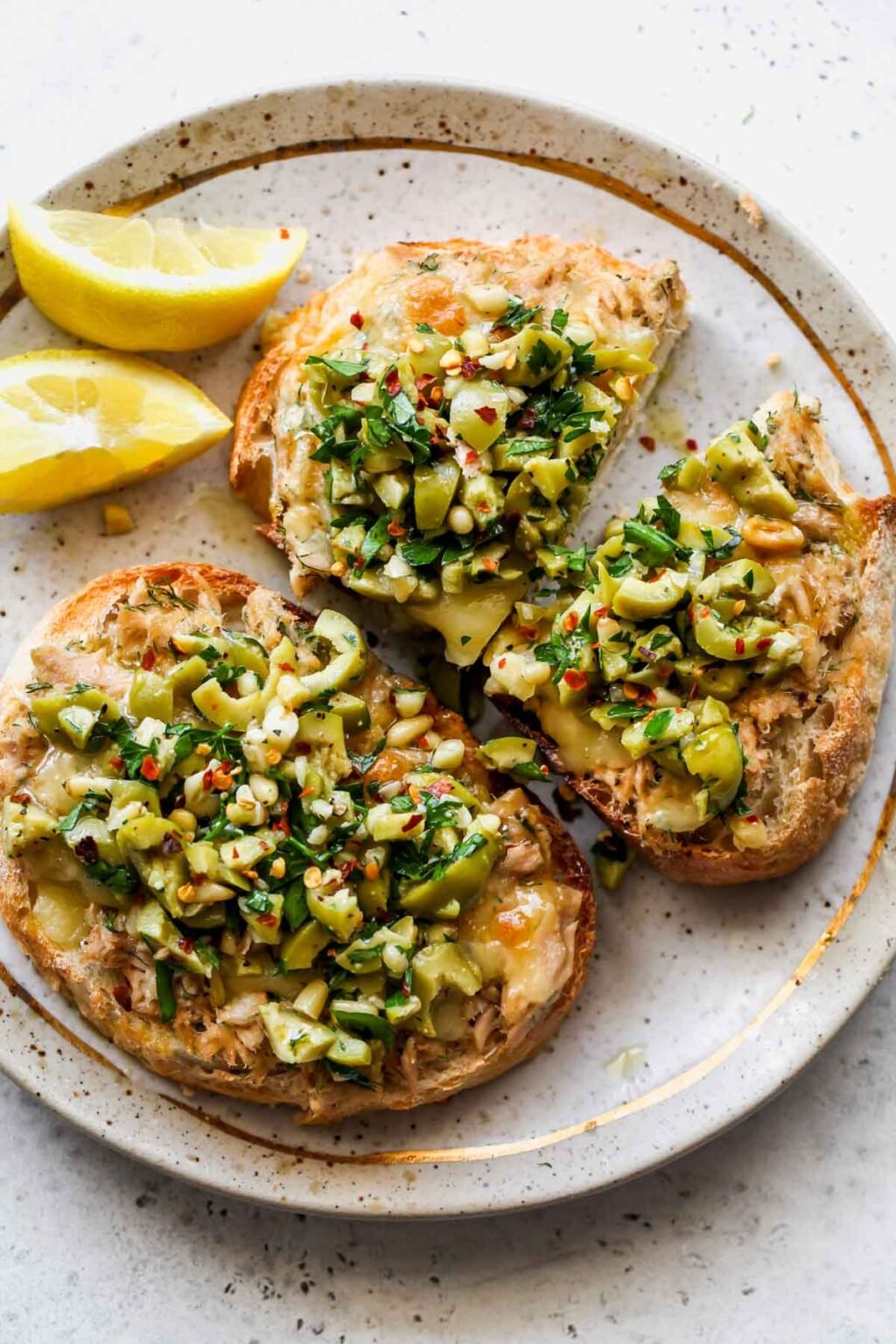 Cheesy Tuna Toasts with Olive Salsa Dishing Out Health