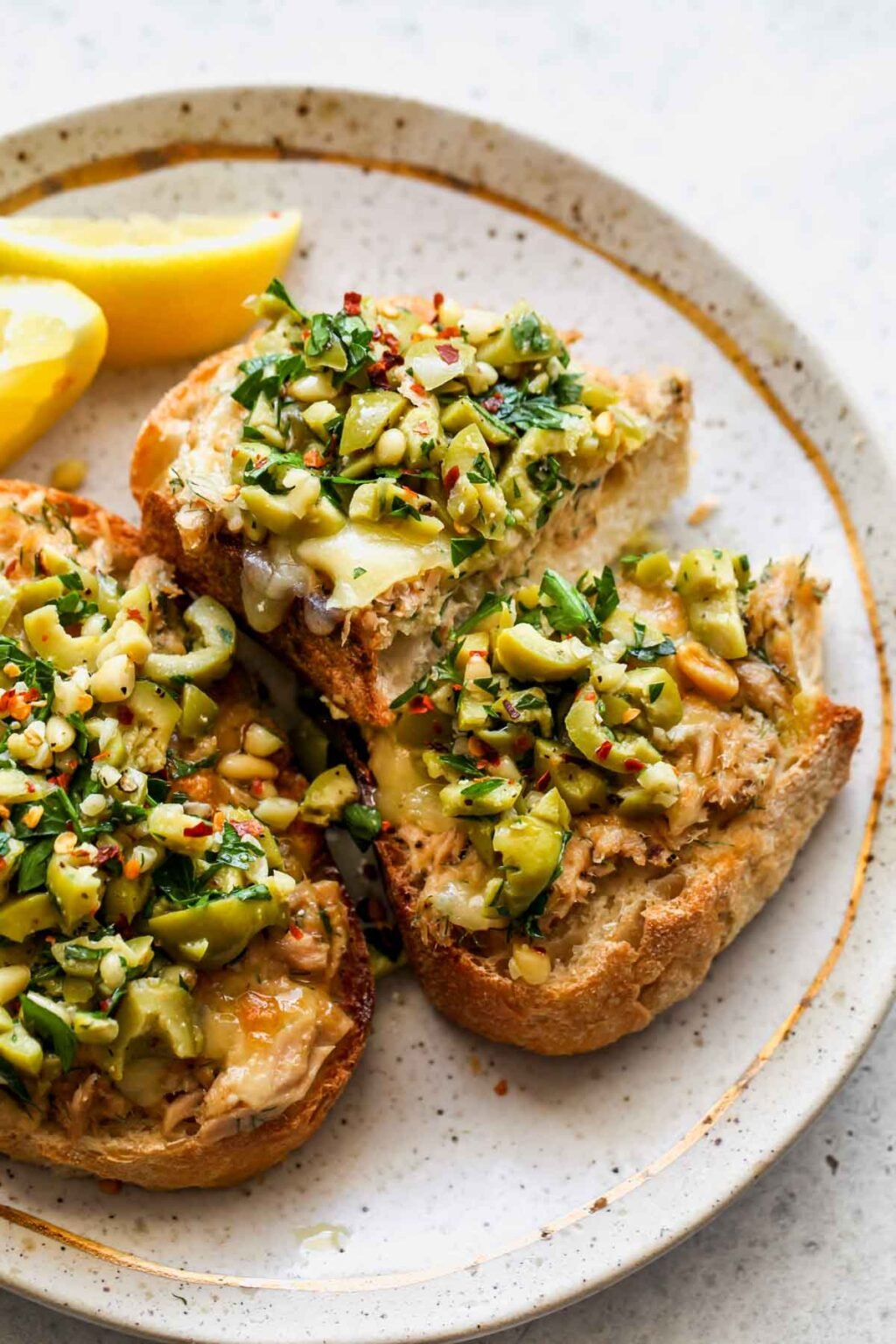 Cheesy Tuna Toasts with Olive Salsa Dishing Out Health
