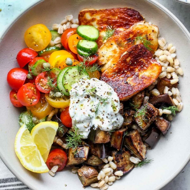 Mediterranean Eggplant and Halloumi Bowls with LemonDill Sauce