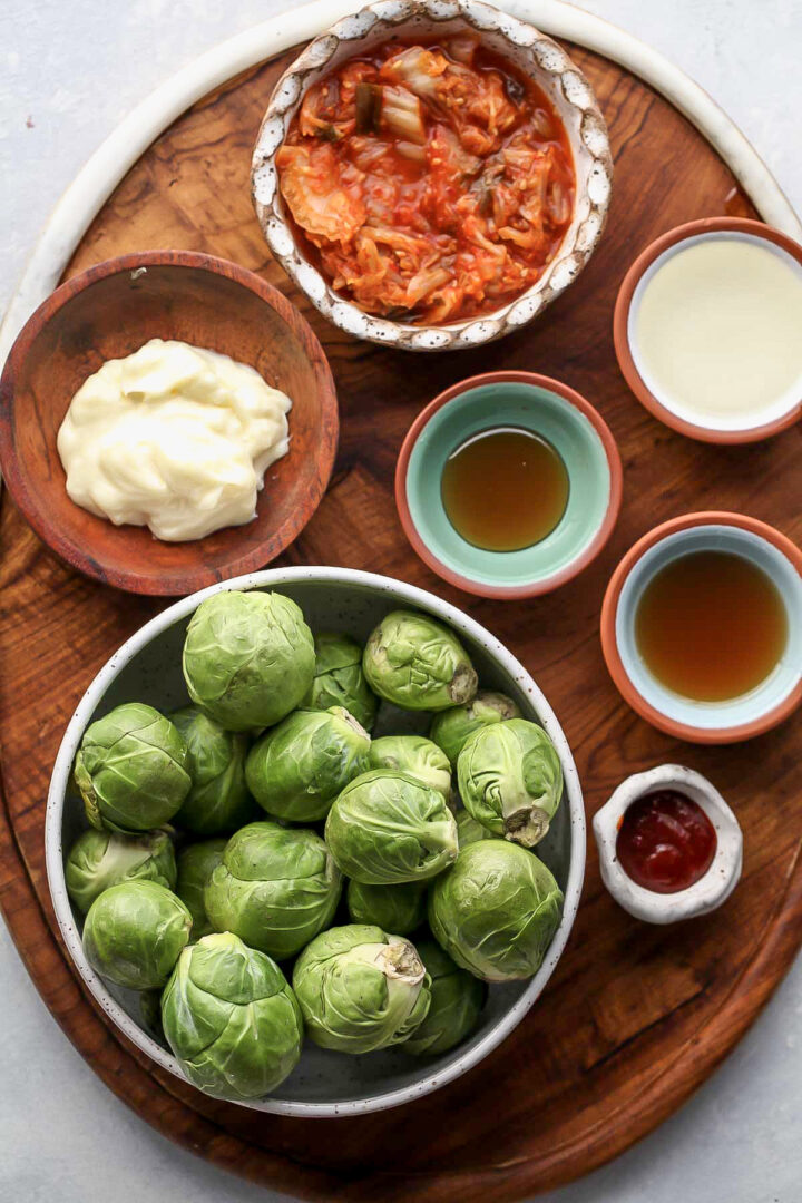 Crispy Brussels Sprouts with Kimchi Sauce Dishing Out Health