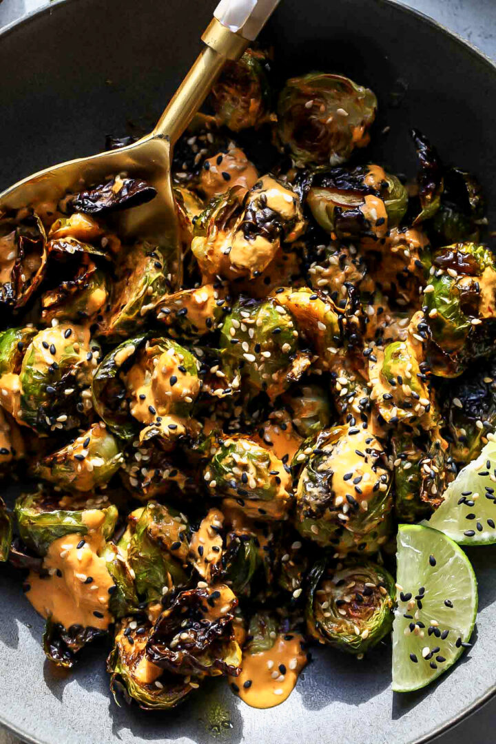 Crispy Brussels Sprouts with Kimchi Sauce Dishing Out Health
