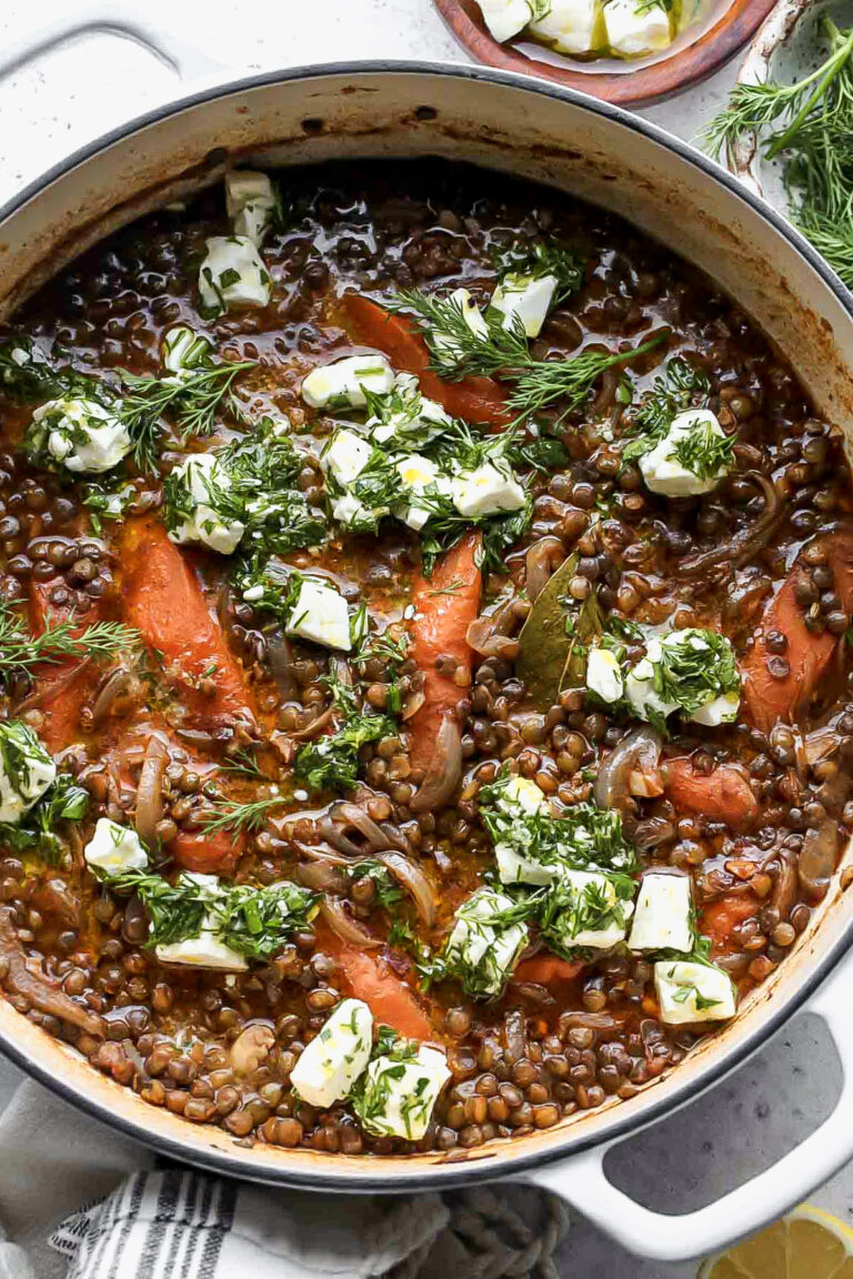 Stewed Lentils with Marinated Feta Dishing Out Health