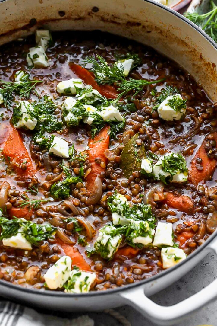 Stewed Lentils with Marinated Feta Dishing Out Health