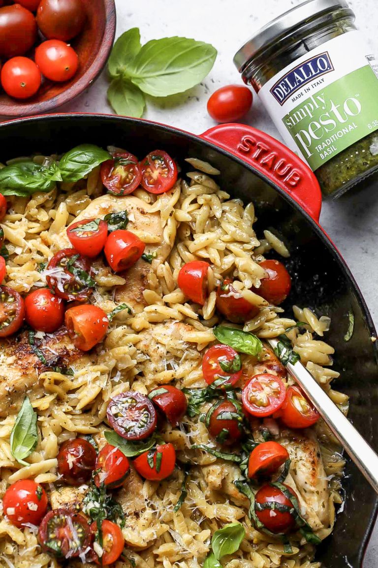 One Pan Pesto Chicken and Orzo Dishing Out Health