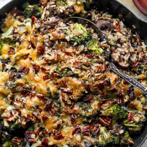 One Pan Wild Rice and Cheesy Broccoli Casserole - Dishing Out Health
