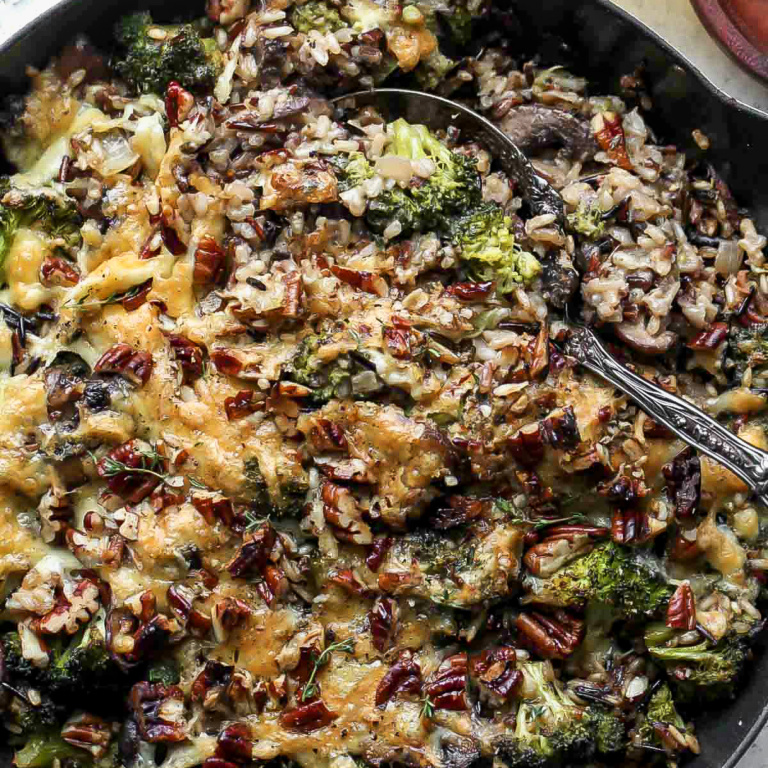 One Pan Wild Rice and Cheesy Broccoli Casserole - Dishing Out Health