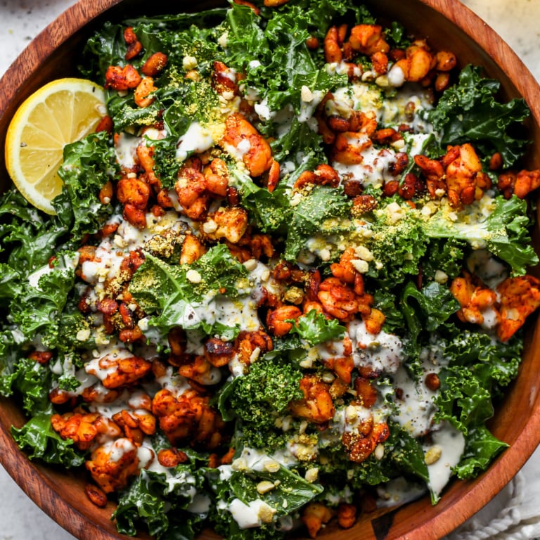Vegan Kale Caesar with Smoky Tempeh Crumbles Dishing Out Health
