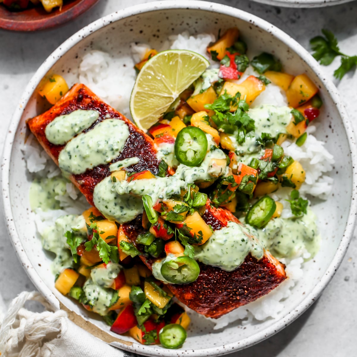 BBQ Salmon Bowls with Jalapeño-Peach Salsa-image
