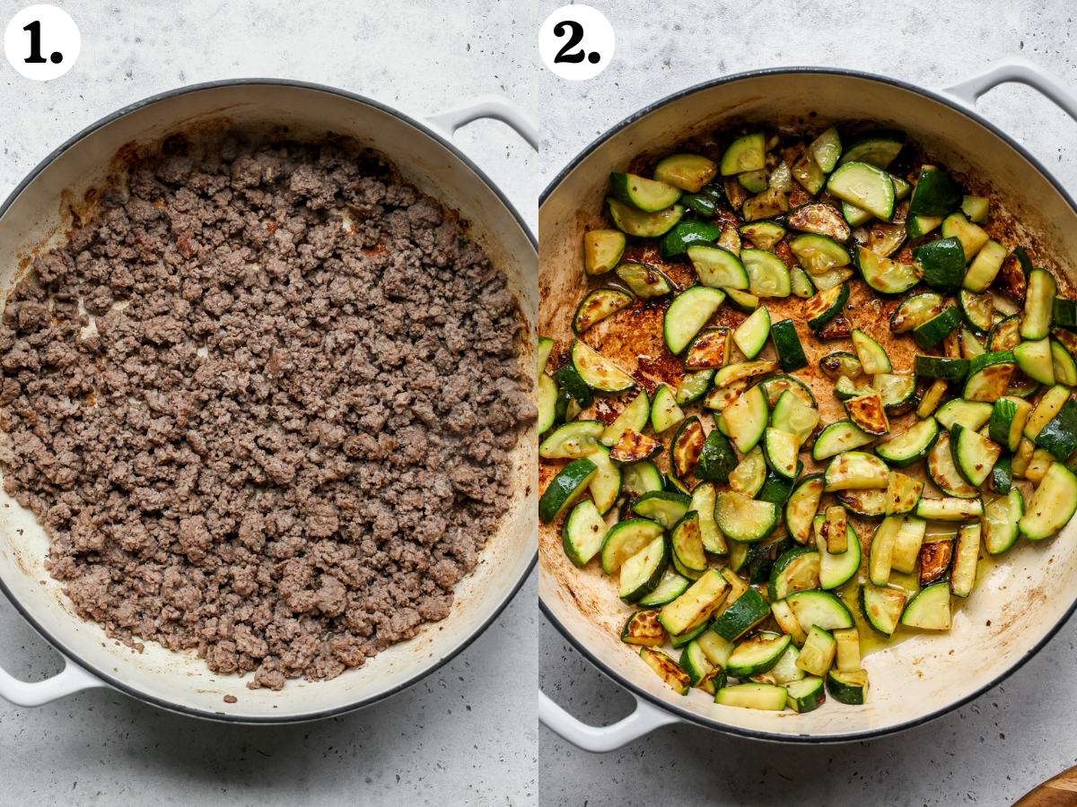 Ground beed and sliced zucchini being sautéed in a white sauté pan.