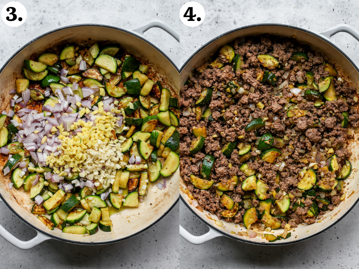 Shallots, ginger, and garlic being added to the pan, and ground beef being mixed back in.