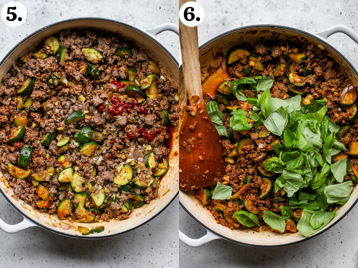 Soy sauce mixture and fresh basil being added to a pan filled with ground beef and zucchini.