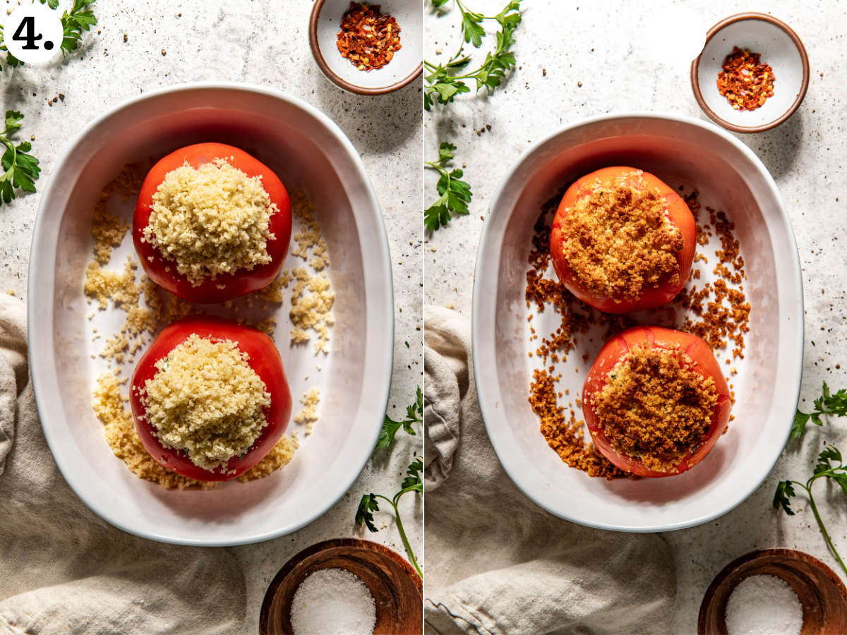 Two tomatoes filled with cottage cheese filling and topped with panko shown in a baking dish before and after baking.