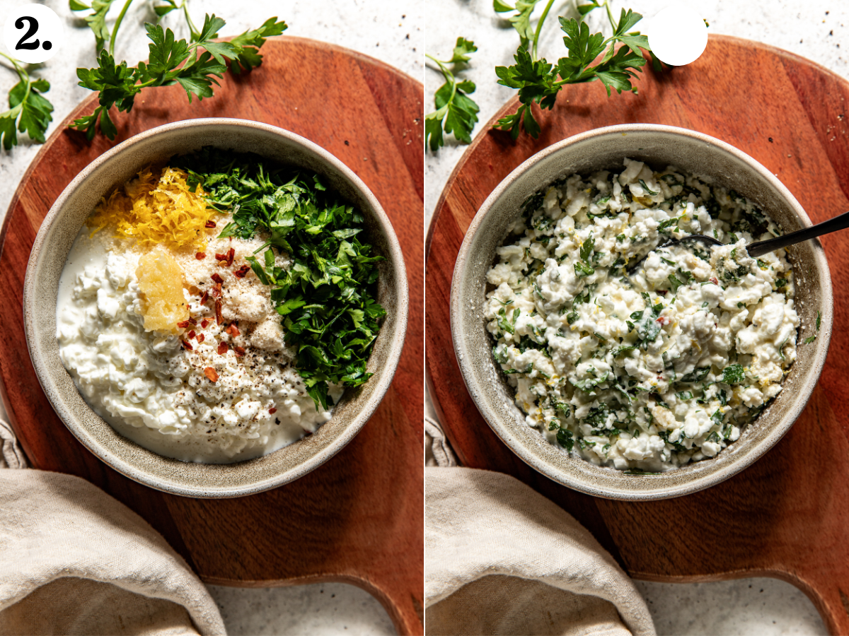 Cottage cheese filling being mixed together in a grey bowl.