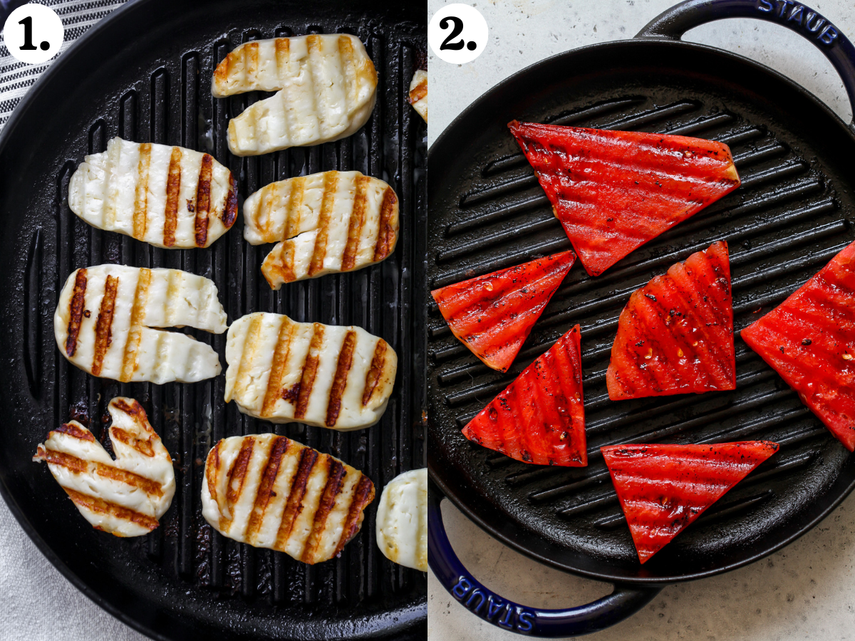 Slices of halloumi cheese and chunks of watermelon being grilled on a grill pan.