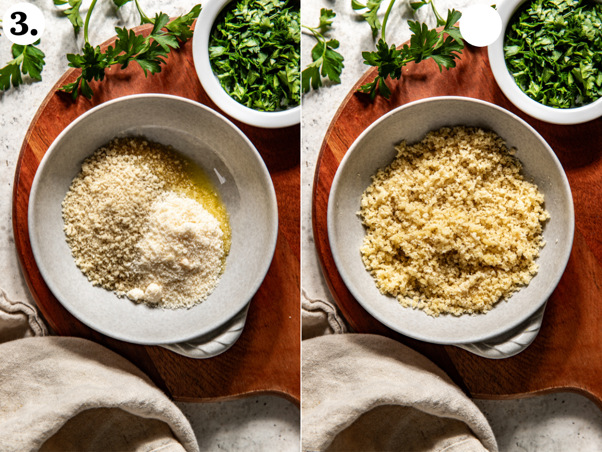 Panko, Parmesan, and olive oil being mixed together in a gray bowl.