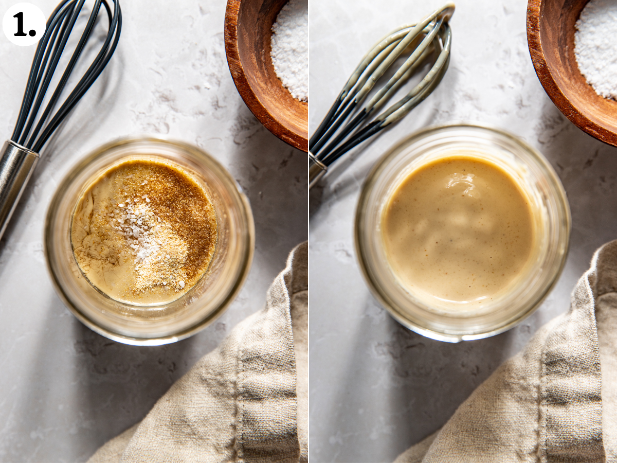 Creamy white balsamic tahini dressing being whisked in a glass jar.