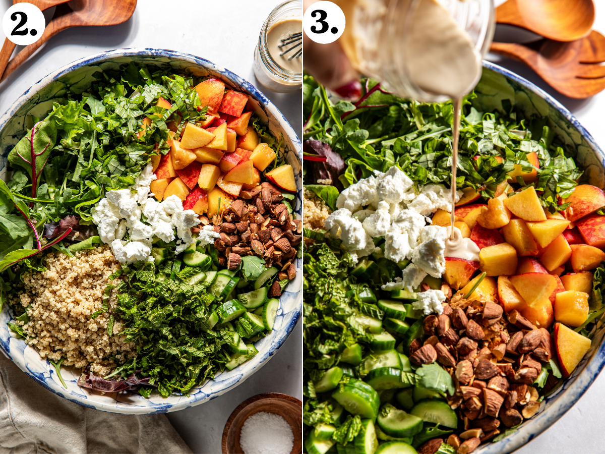 Salad components being arranged in a large white bowl and creamy white balsamic dressing being poured overtop.