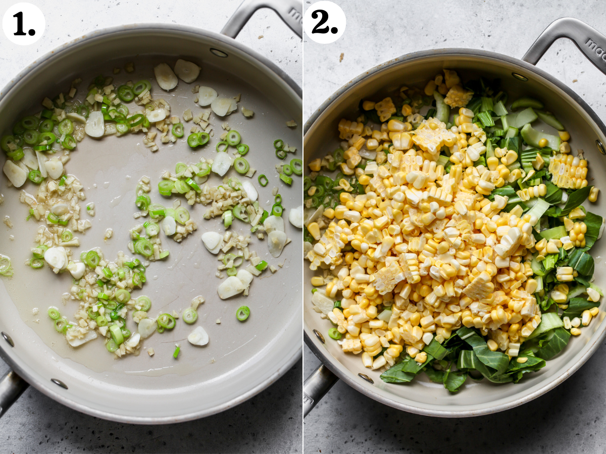 Aromatics being sautéed in a pan, and chopped bok choy and corn being added in.