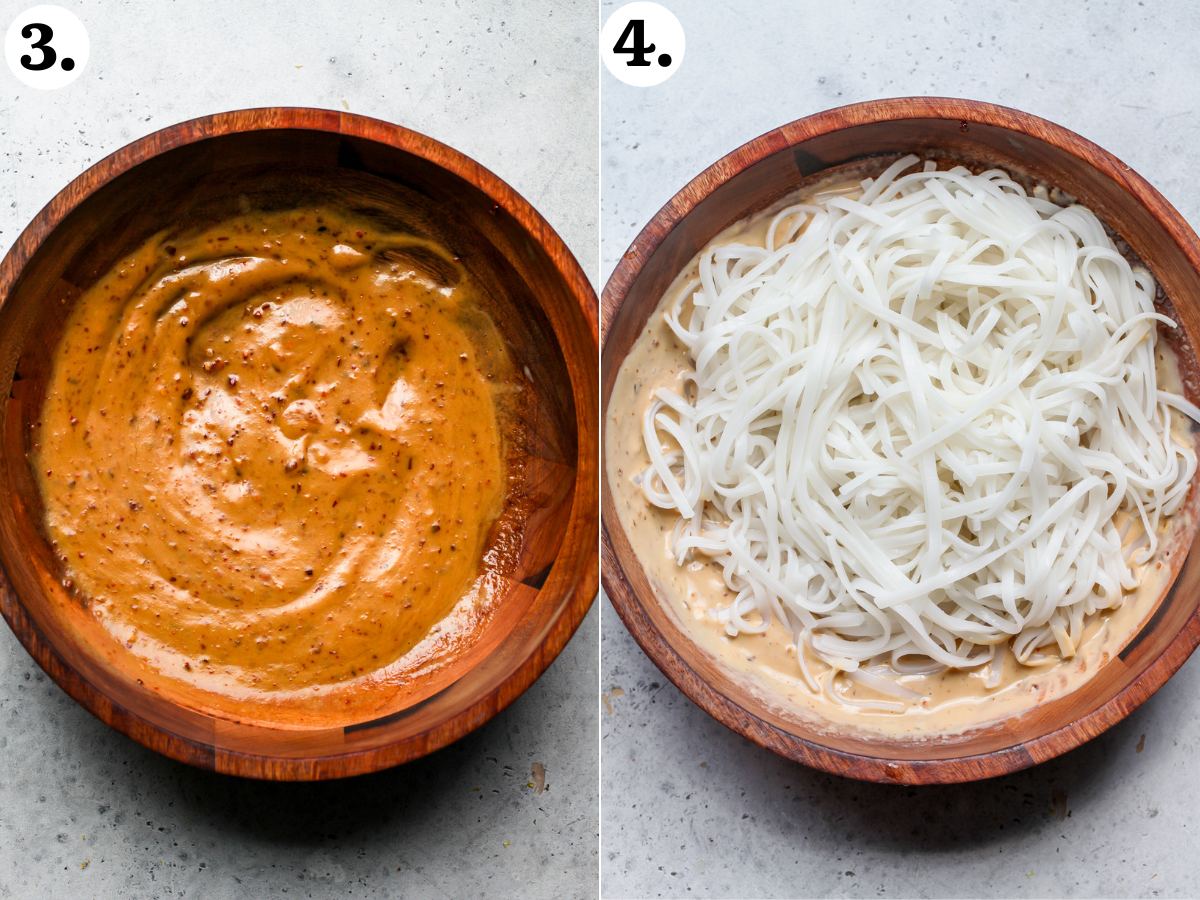 Tahini dressing mixed in a wooden salad bowl and cooked rice noodles being added on top.